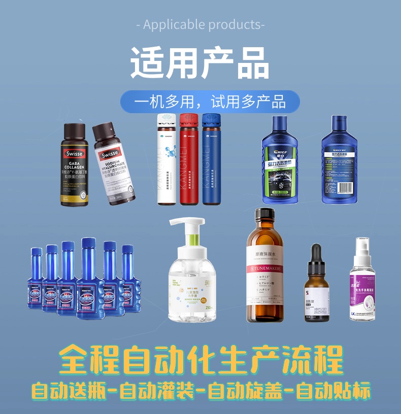 10-1000ML液體灌裝旋蓋貼標生產線適用產品
