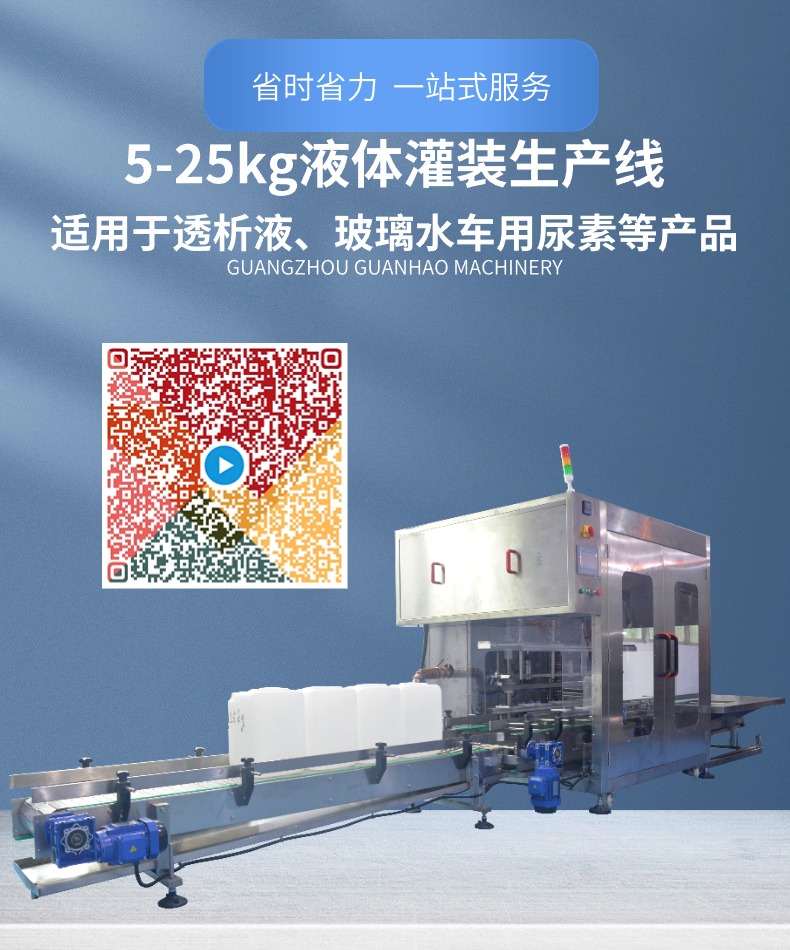 透析液灌裝生產線產品介紹首圖，以及查看設備視頻二維碼。